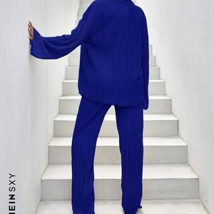 SHEIN SXY Button Front Lettuce Trim Shirt & Flare Leg Pants With Bra